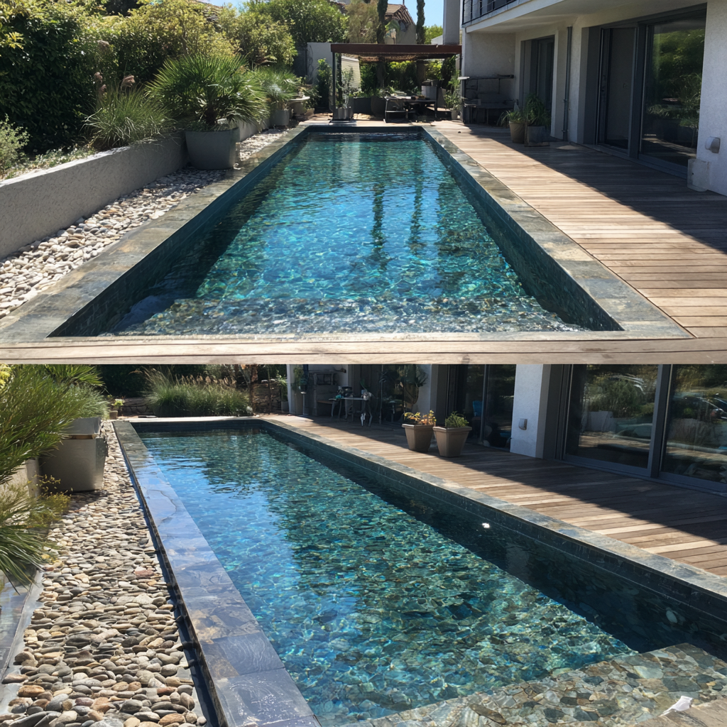 Rénovation d'une piscine moderne avec carrelage Balinais
